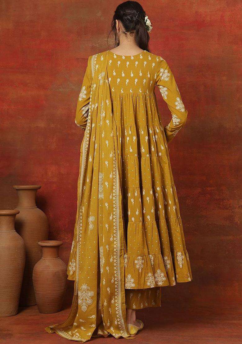 Mustard Printed Cotton Anarkali Set - Indya