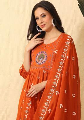 Orange Printed Cotton Kurta Set