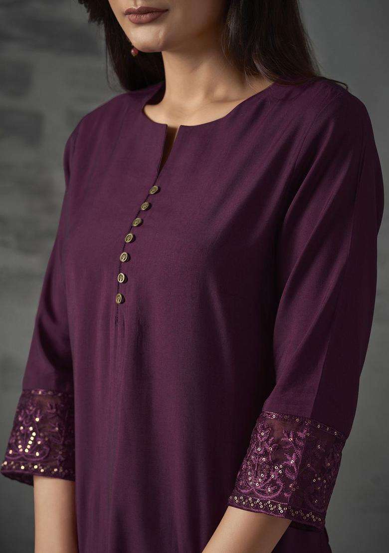 Magenta Solid Silk Blend Kurta Set - Indya
