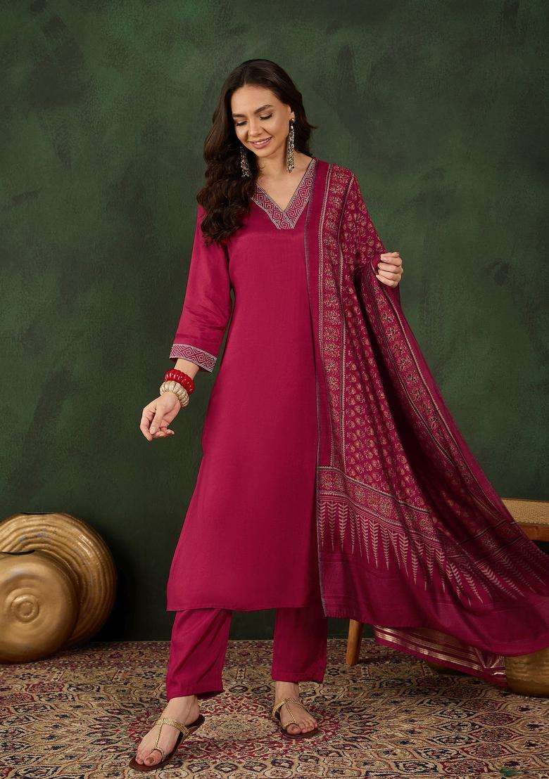 Maroon Solid Silk Kurta Set - Indya