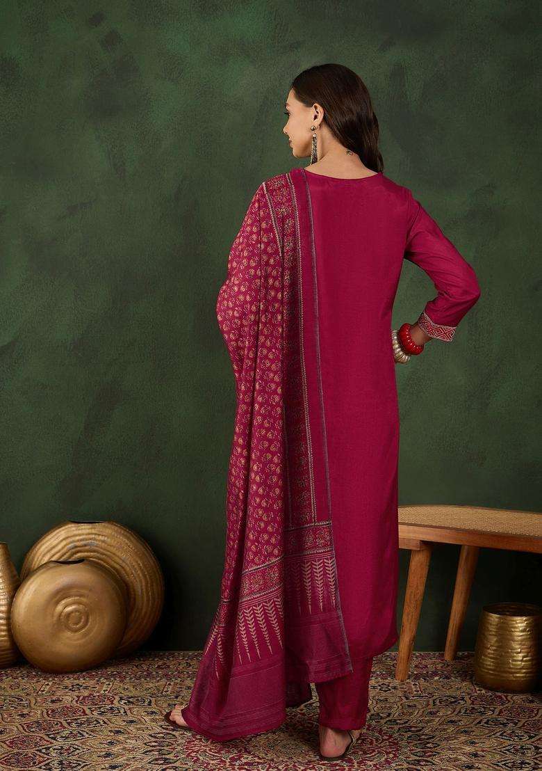Maroon Solid Silk Kurta Set - Indya