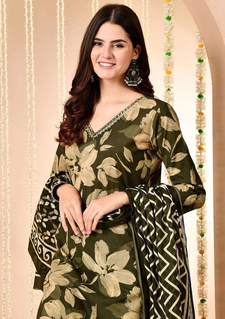Green Printed Cotton Kurta Set - Indya