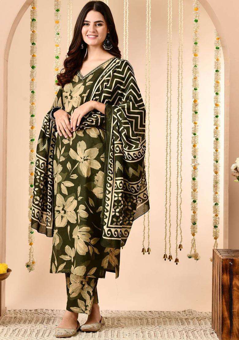 Green Printed Cotton Kurta Set - Indya