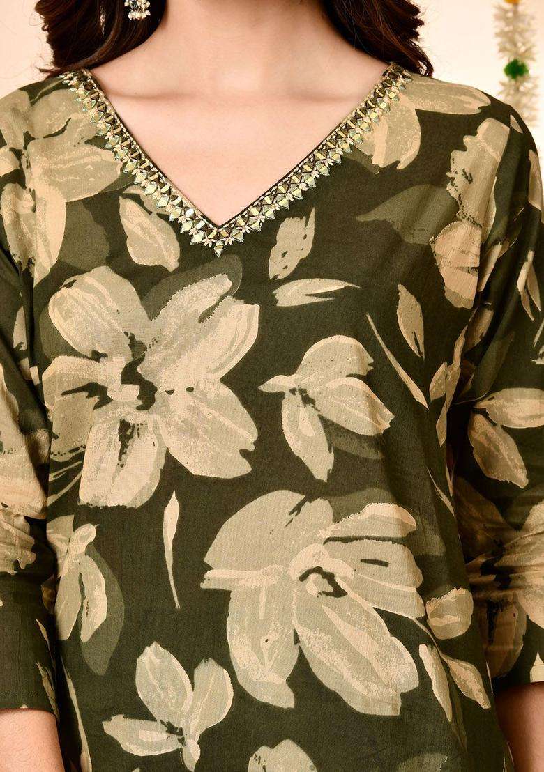 Green Printed Cotton Kurta Set - Indya