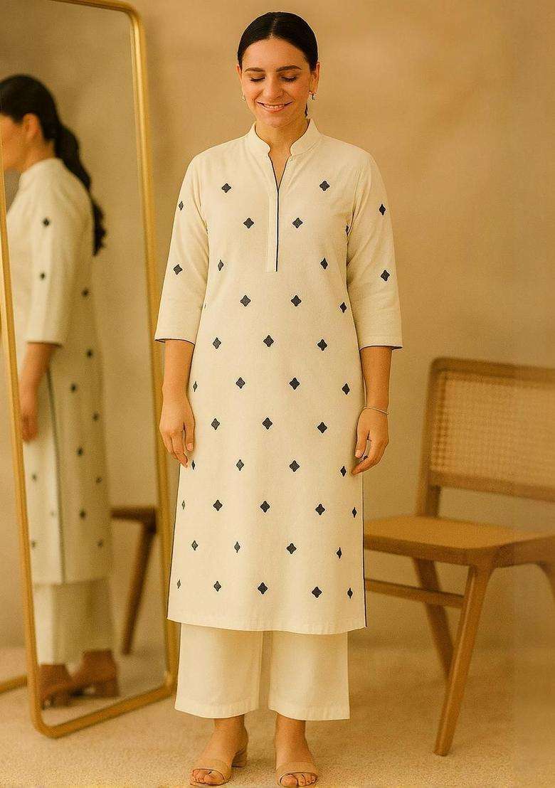 Off White Solid Viscose Kurta Set - Indya