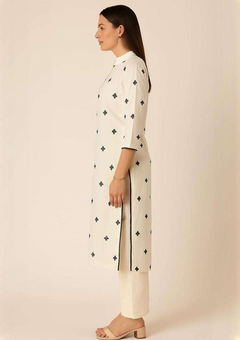 Off White Solid Viscose Kurta Set - Indya