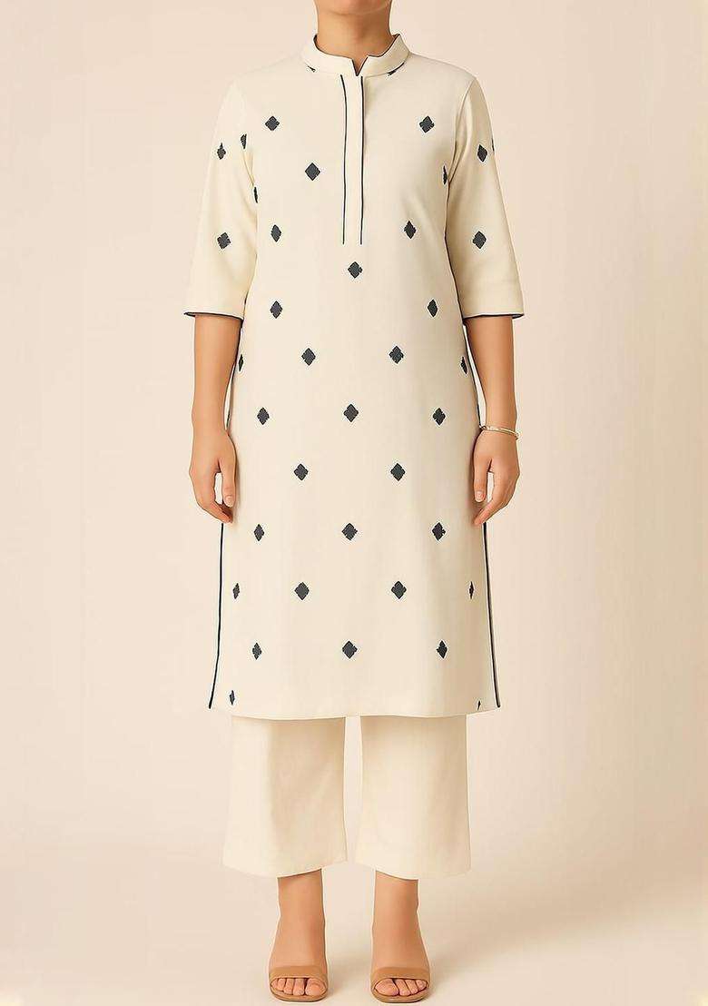Off White Solid Viscose Kurta Set - Indya