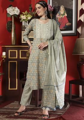 Beige Printed Cotton Kurta Set