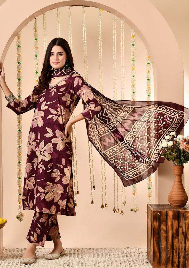 Burgundy Printed Cotton Kurta Set - Indya