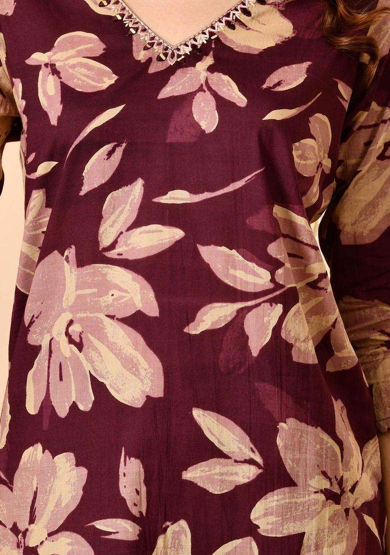 Burgundy Printed Cotton Kurta Set - Indya