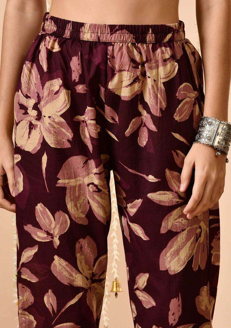 Burgundy Printed Cotton Kurta Set - Indya