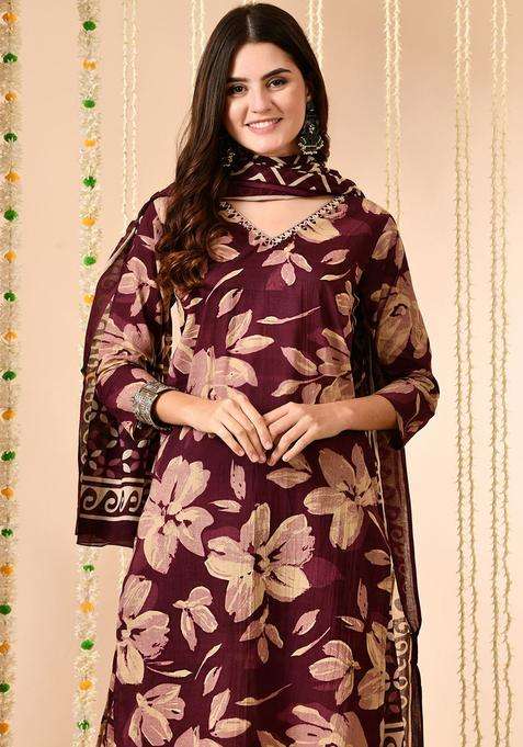 Burgundy Printed Cotton Kurta Set
