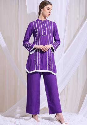 Purple Self Design Viscose Kurta Set