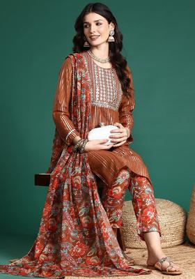 Rust Embroidered Polyester Kurta Set