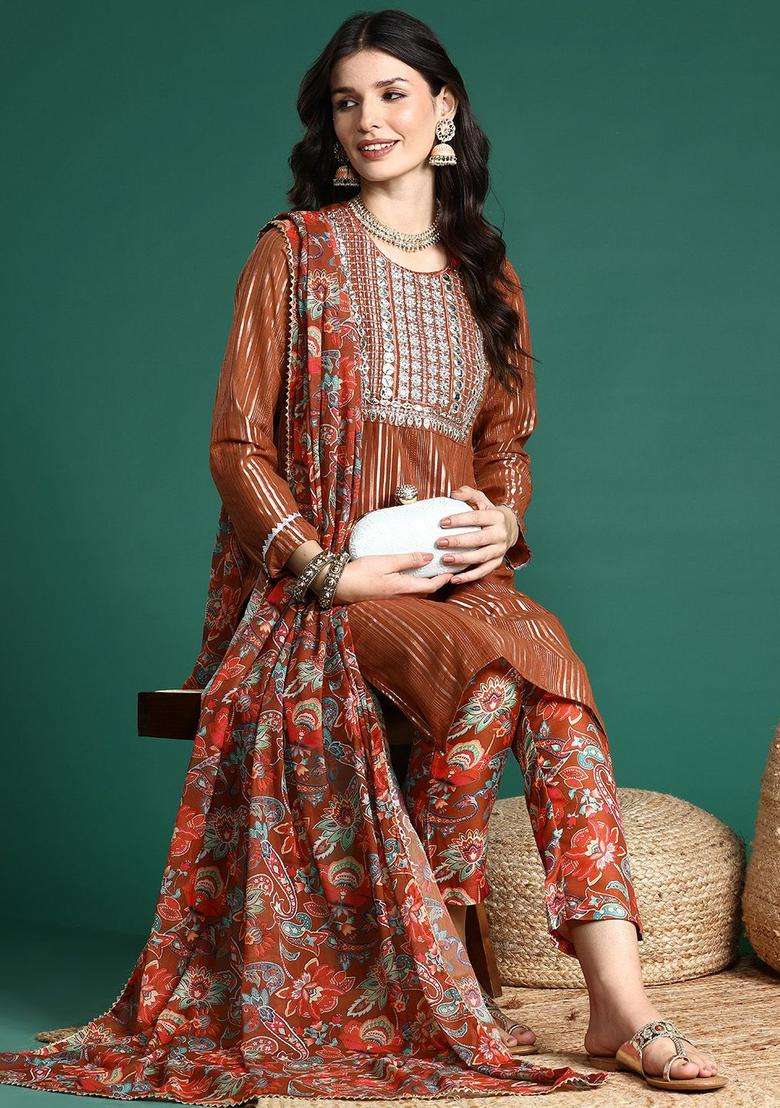 Rust Embroidered Polyester Kurta Set - Indya