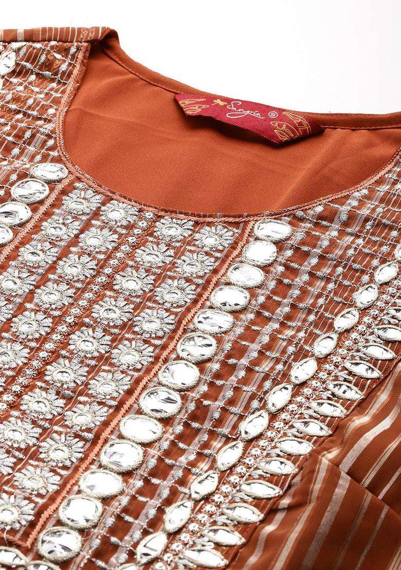Rust Embroidered Polyester Kurta Set - Indya