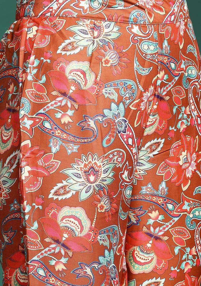 Rust Embroidered Polyester Kurta Set - Indya