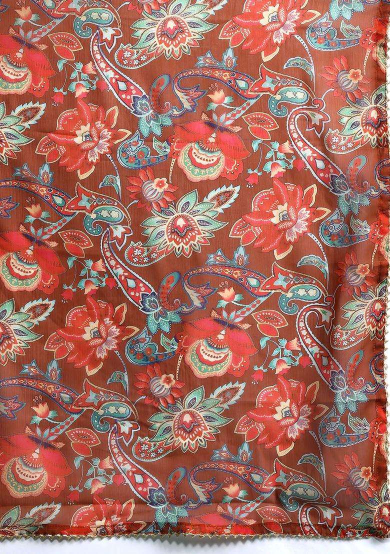 Rust Embroidered Polyester Kurta Set - Indya