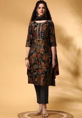 Brown Printed Viscose Kurta Set