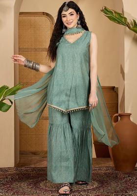 Sea Green Printed Viscose Kurta Set