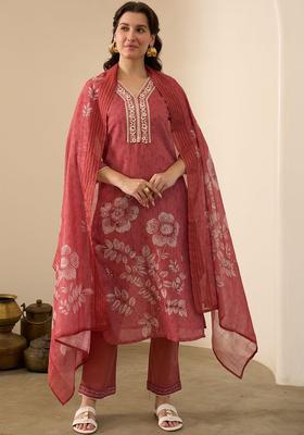 Red Printed Linen Kurta Set