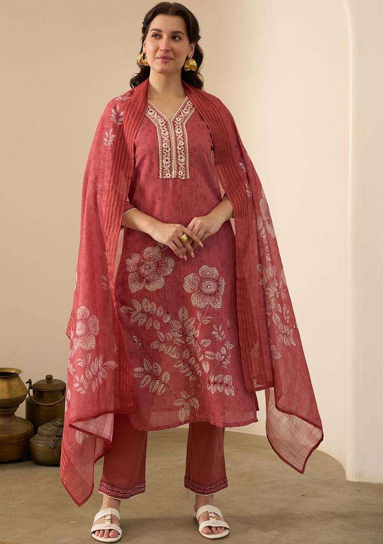 Red Printed Linen Kurta Set - Indya