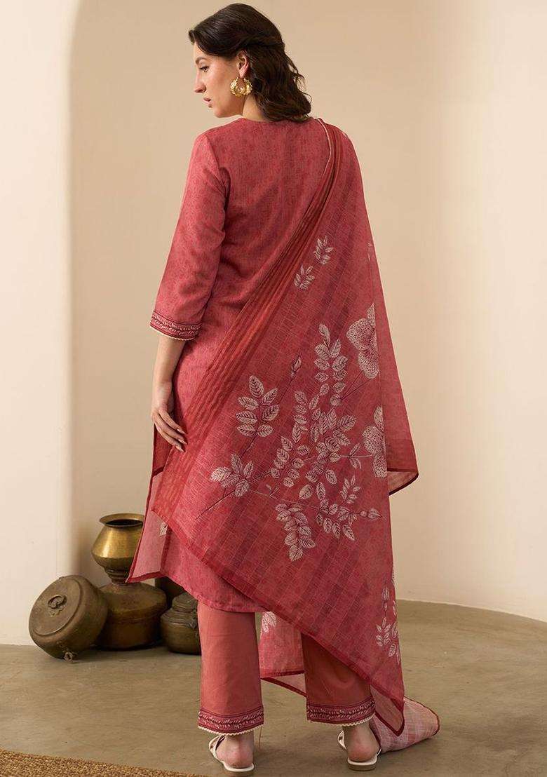 Red Printed Linen Kurta Set - Indya