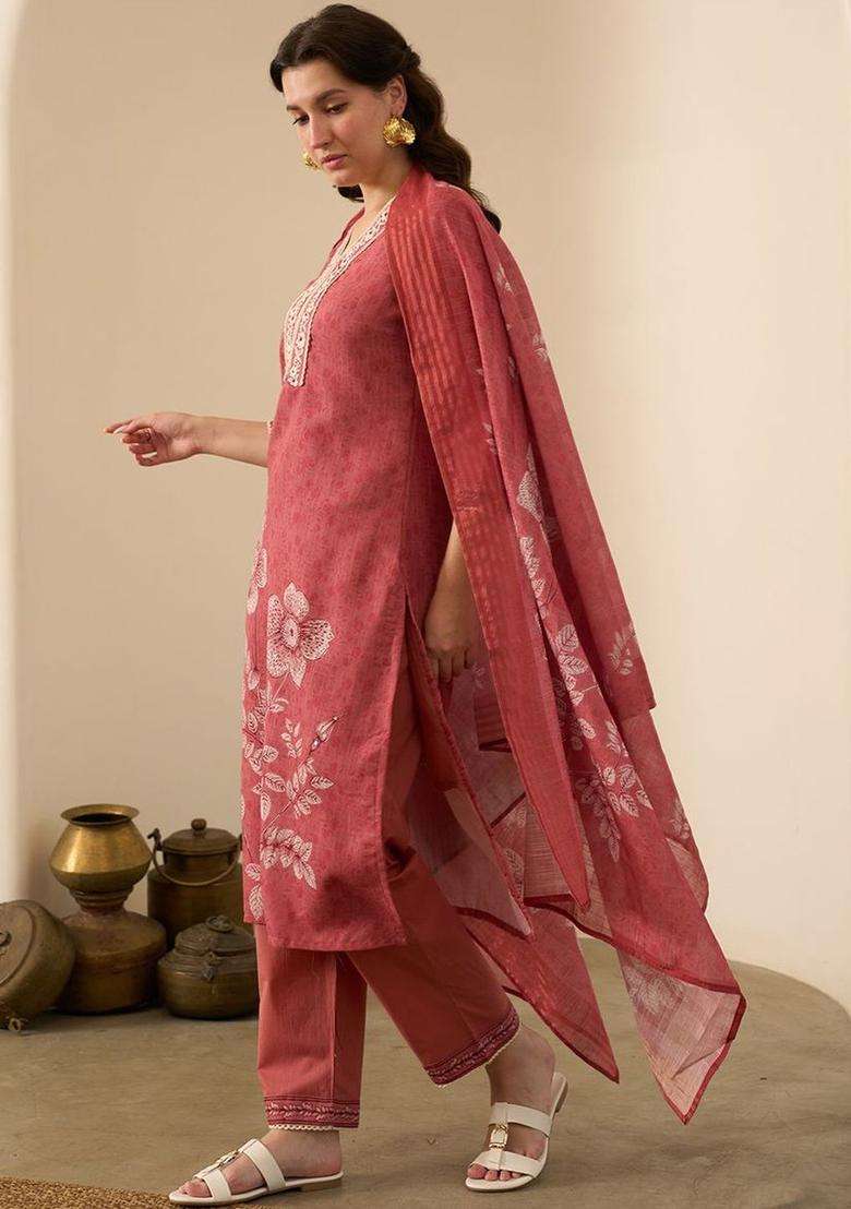 Red Printed Linen Kurta Set - Indya