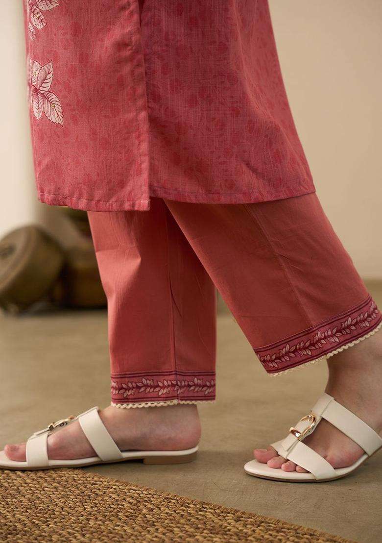 Red Printed Linen Kurta Set - Indya