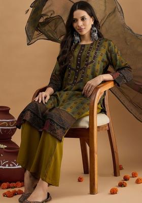 Olive Printed Viscose Kurta Set