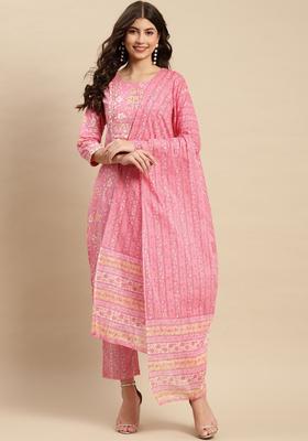 Pink Embroidered Cotton Kurta Set