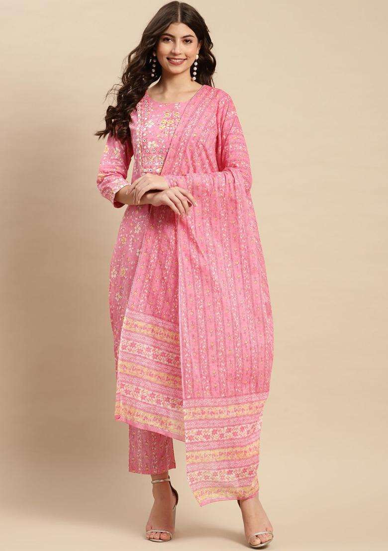 Pink Embroidered Cotton Kurta Set - Indya