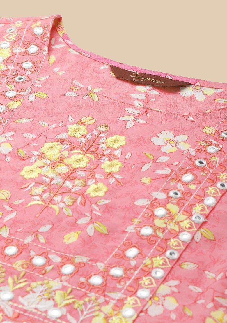 Pink Embroidered Cotton Kurta Set - Indya