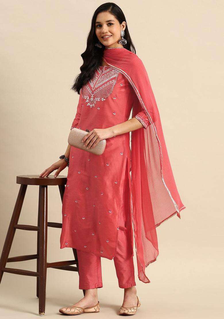 Coral Embroidered Polyester Kurta Set - Indya