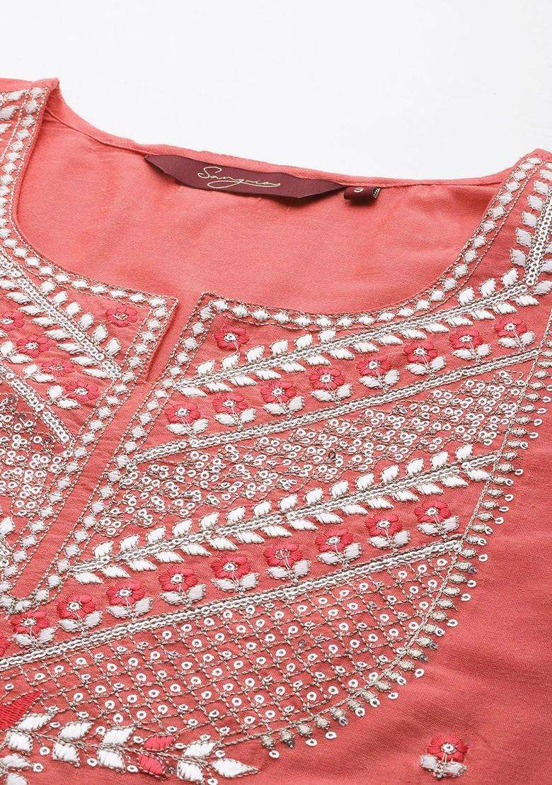 Coral Embroidered Polyester Kurta Set - Indya