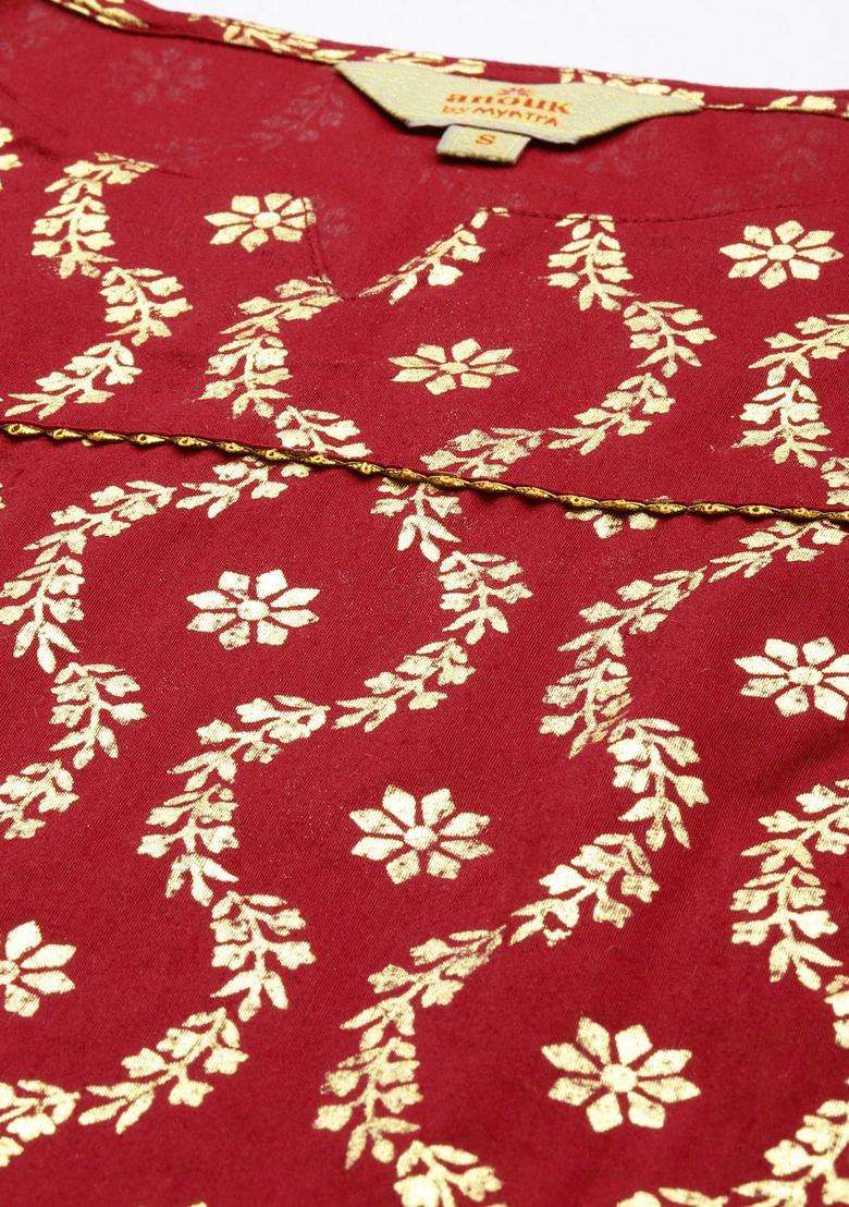 Red Printed Polyester Kurta Set - Indya