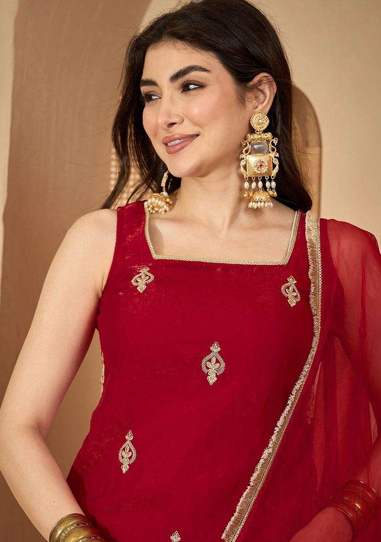 Red Embroidered Silk Blend Kurta Set - Indya