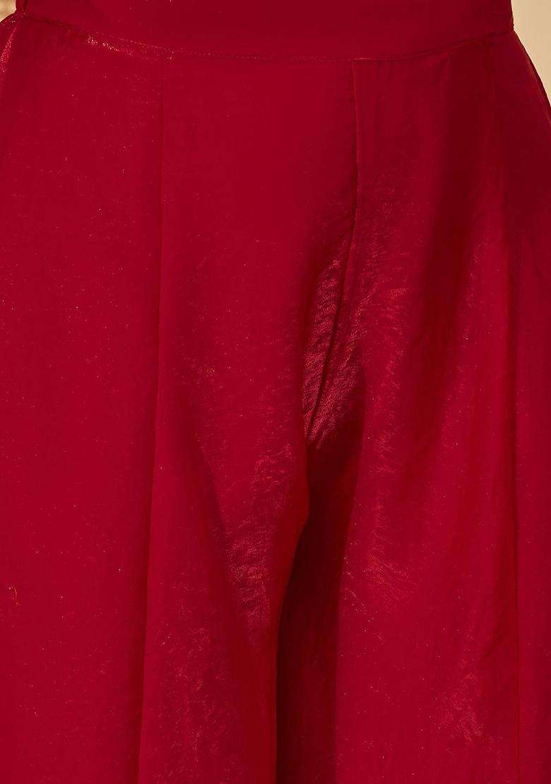 Red Embroidered Silk Blend Kurta Set - Indya