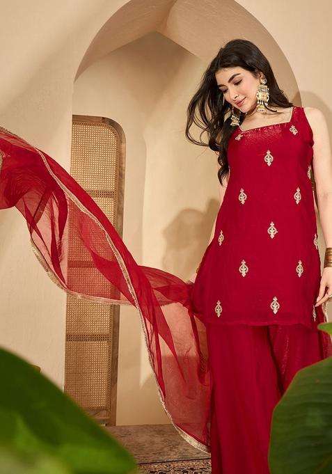 Red Embroidered Silk Blend Kurta Set