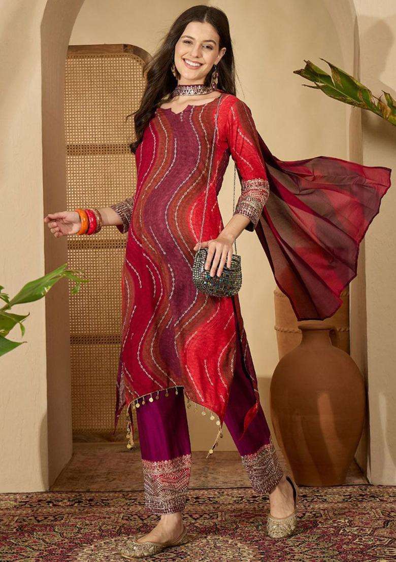 Red Printed Viscose Kurta Set - Indya