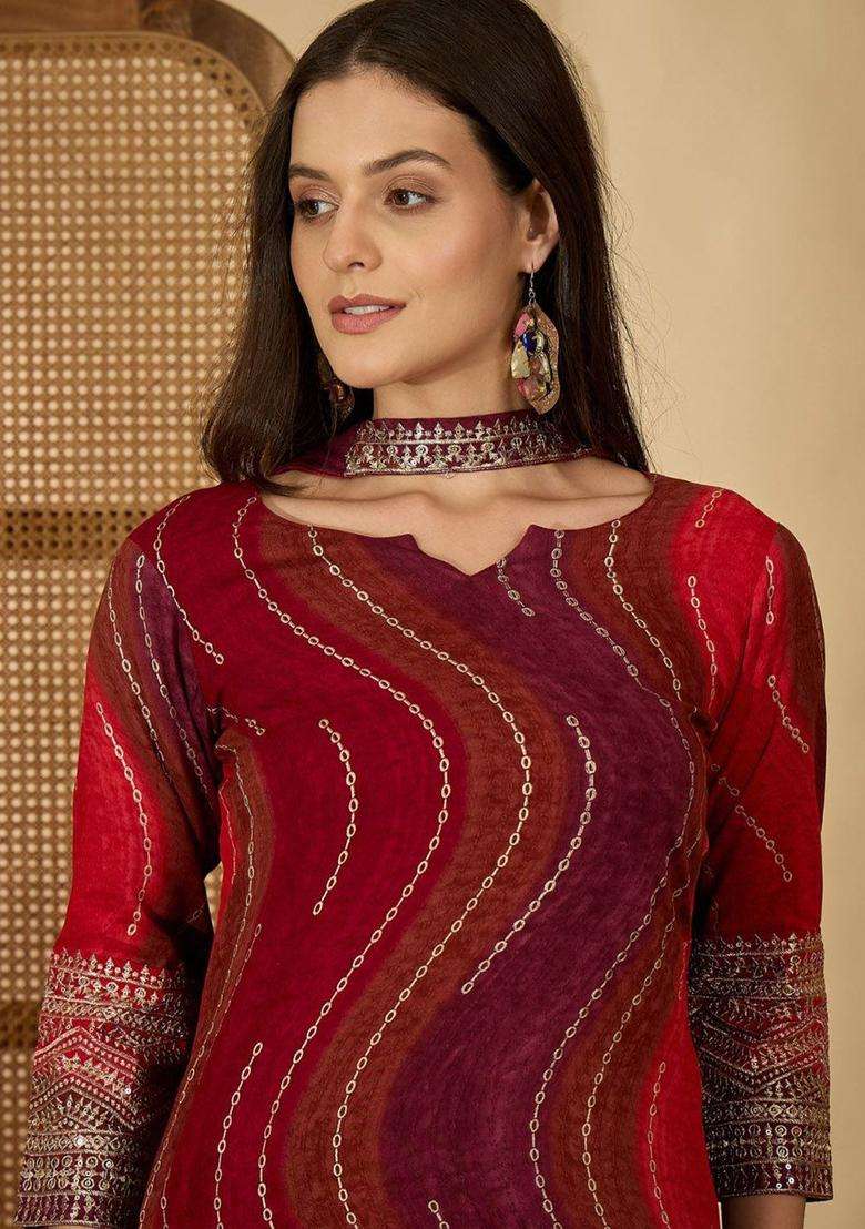 Red Printed Viscose Kurta Set - Indya