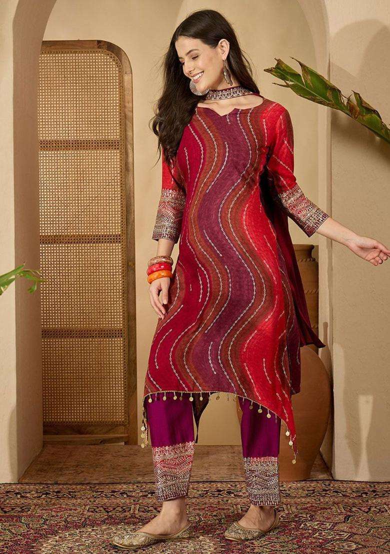 Red Printed Viscose Kurta Set - Indya