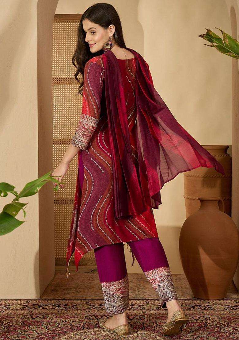 Red Printed Viscose Kurta Set - Indya