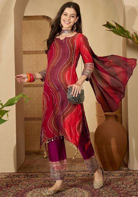 Red Printed Viscose Kurta Set