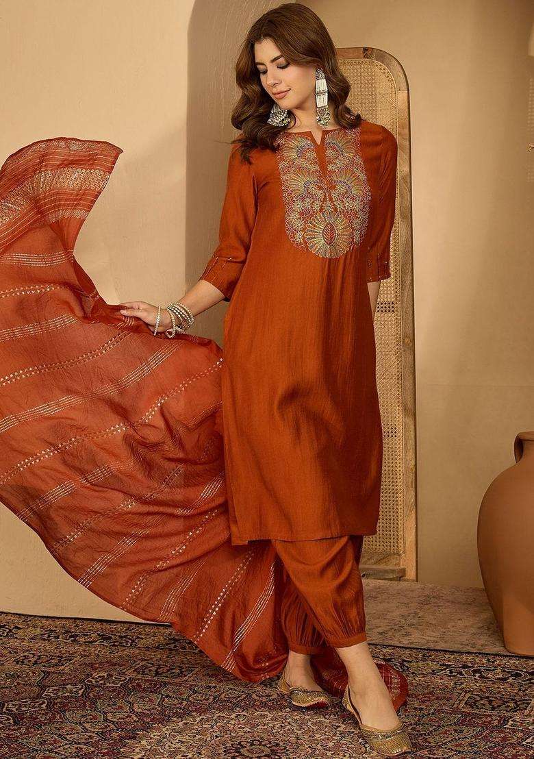 Rust Embroidered Polyester Kurta Set - Indya