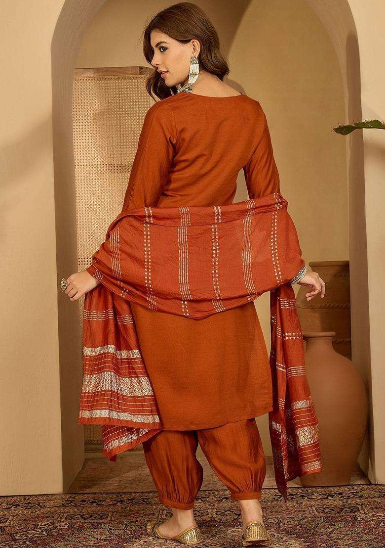 Rust Embroidered Polyester Kurta Set - Indya