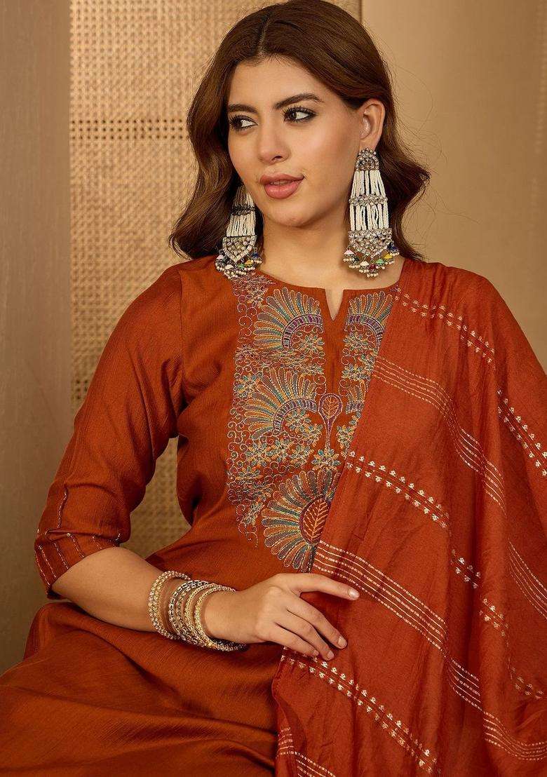 Rust Embroidered Polyester Kurta Set - Indya