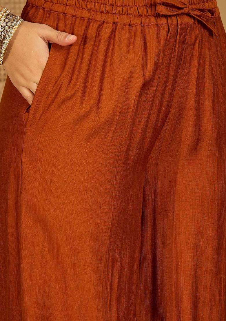 Rust Embroidered Polyester Kurta Set - Indya