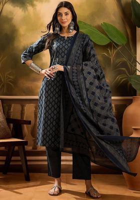 Navy Blue Printed Cotton Kurta Set