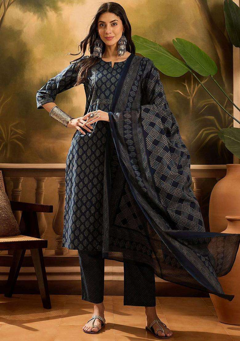 Navy Blue Printed Cotton Kurta Set - Indya